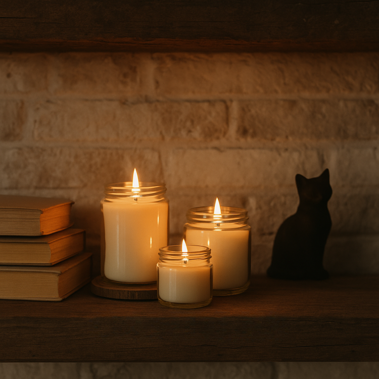 Ashina Zen soy candles on rustic farmhouse mantle with books and black cat figurine.