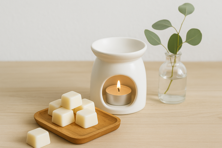 Ashina Zen soy wax melts with ceramic warmer and eucalyptus in rustic farmhouse spa style.