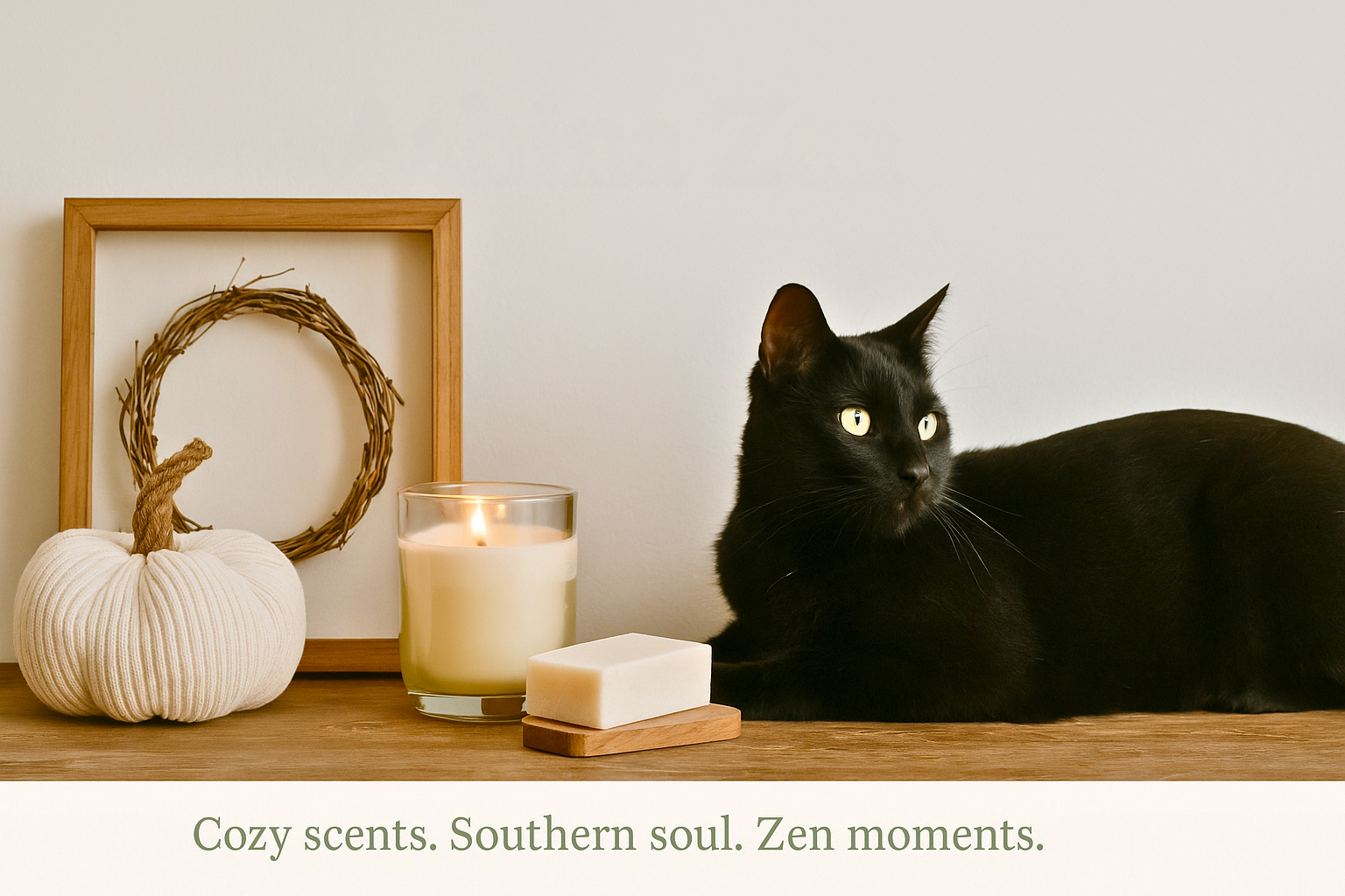 Black cat sitting on a shelf with a candle, pumpkin, and framed wreath.