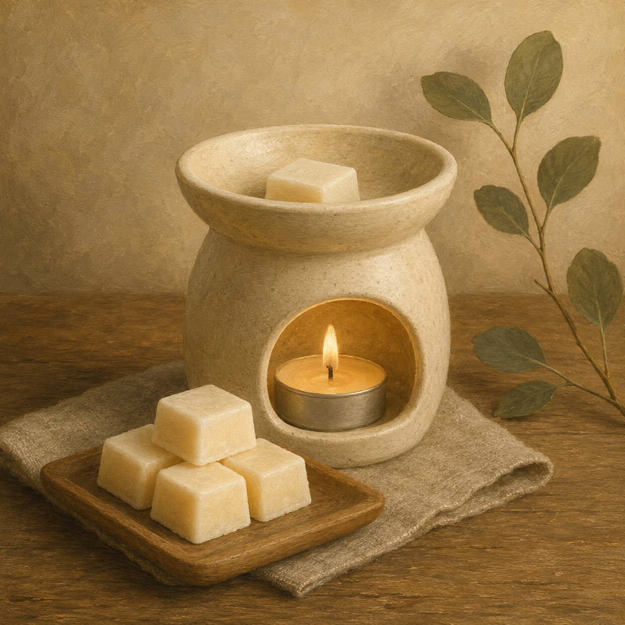 Ashina Zen soy wax melts with ceramic warmer and eucalyptus in rustic farmhouse spa style.