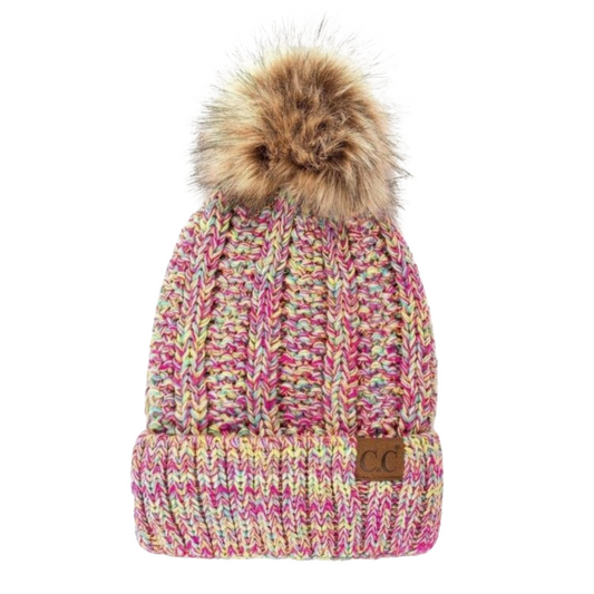 C.C Exclusives Pom Beanie – Multicolor Cable Knit, Fuzzy Lined